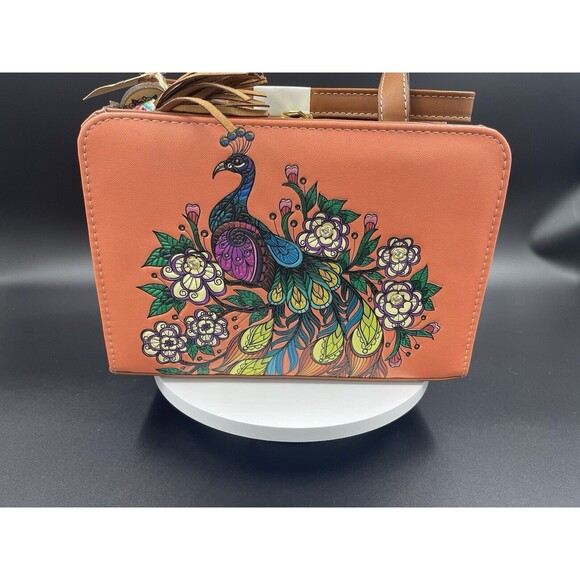 Purse Handbag Cross Body Tote Leather Orange Peacock Hand Made Artisanal - Picture 1 of 7